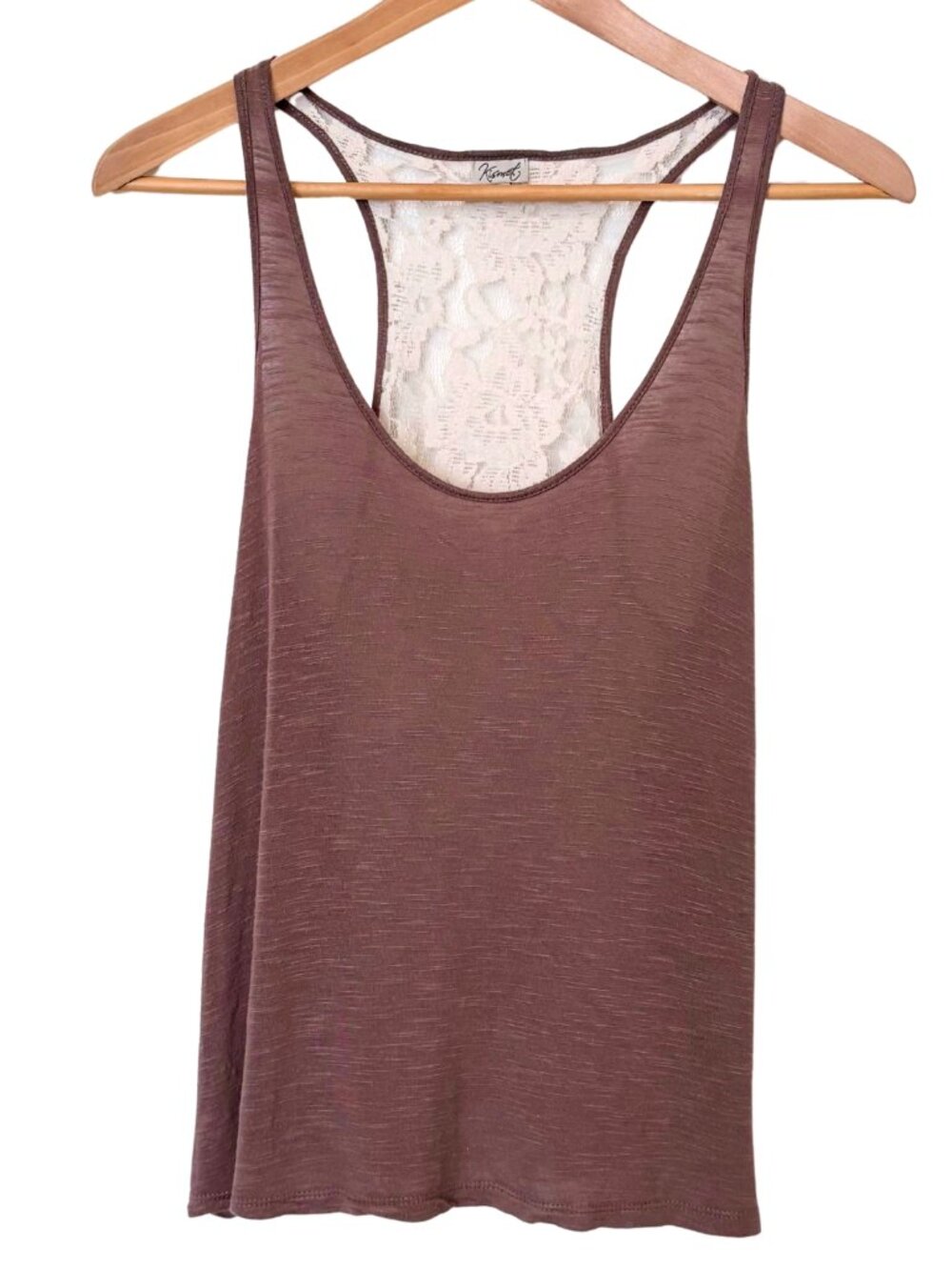 Floral Lace Back Romantic Flowy Taupe Brown Racerback Tank Top – Kismet, S